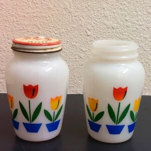 Vintage Fire King Ivory Milk Glass Tulip Salt & Pepper Shakers One With Lid